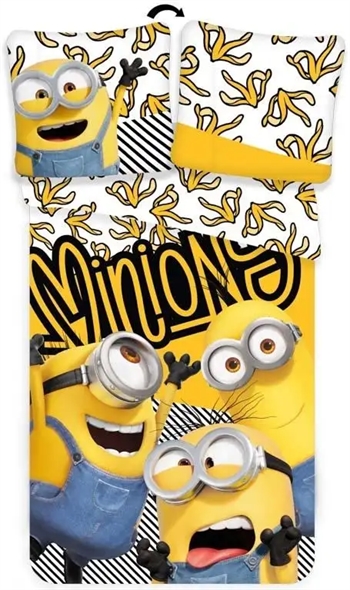 Se Minions sengetøj 140x200 cm - Minions figur sengesæt - 2 i 1 design - Sengelinned i 100% bomuld hos Dynezonen.dk